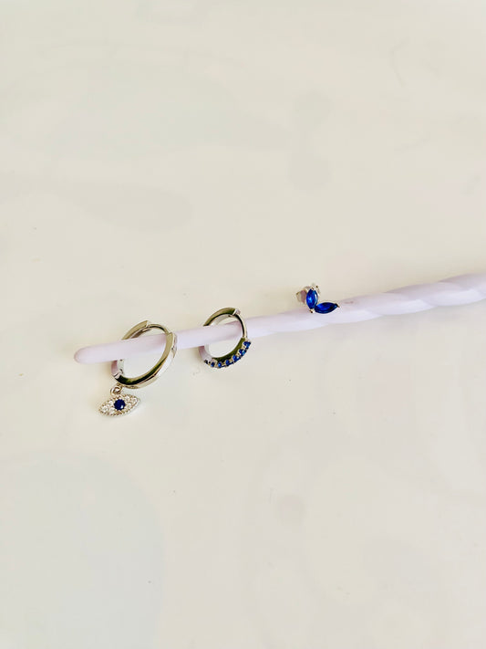 EVIL EYE, Cubic Zirconia Huggie Hoops, 3Pc Set for One Ear, Women Hoop Earrings, 18K Gold Plated, Cartilage Piercing