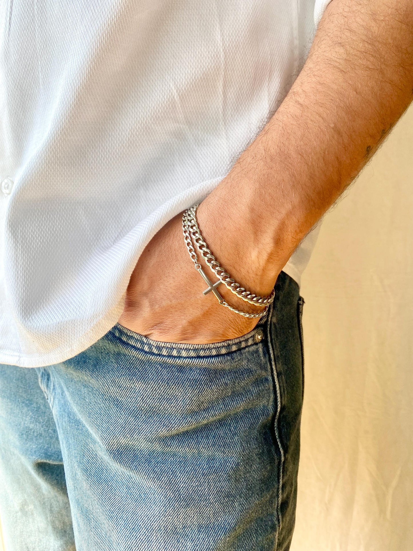 Steel Cross Chain Bracelet: Multi Layer, Stainless Steel, Unisex
