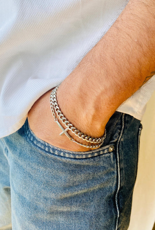 Steel Cross Chain Bracelet: Multi Layer, Stainless Steel, Unisex