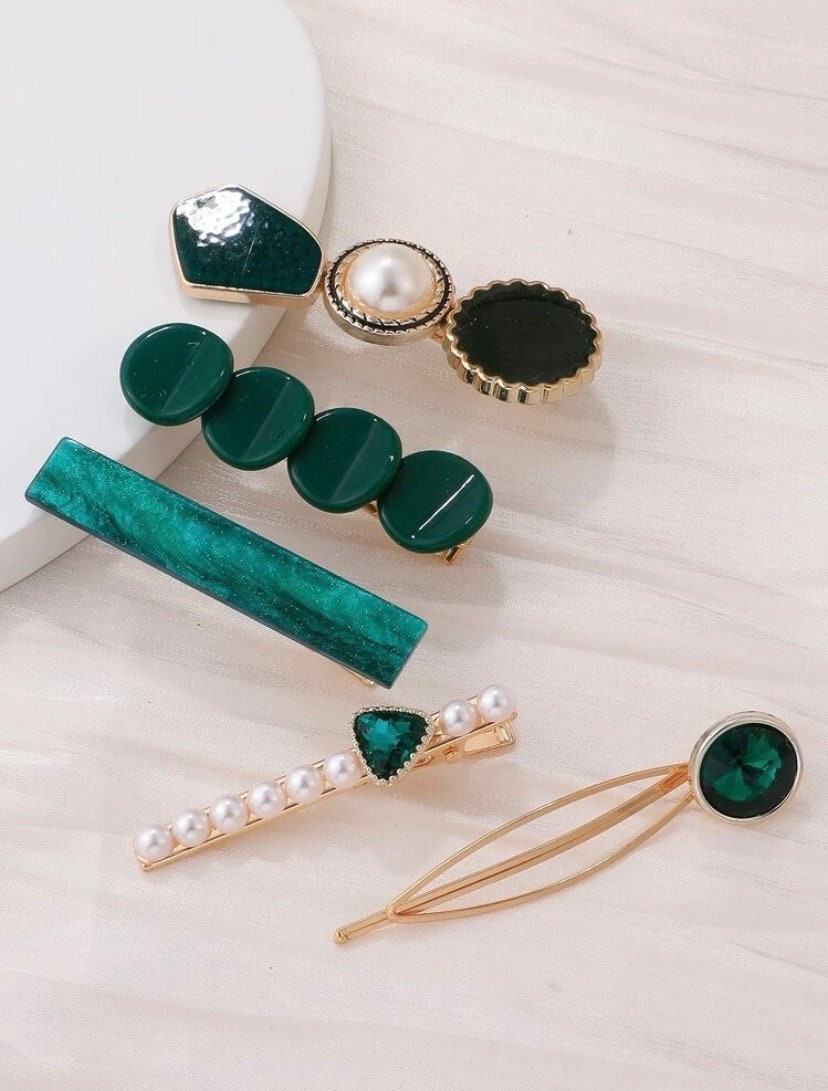 Set of Five Pearl Green Hair Clips