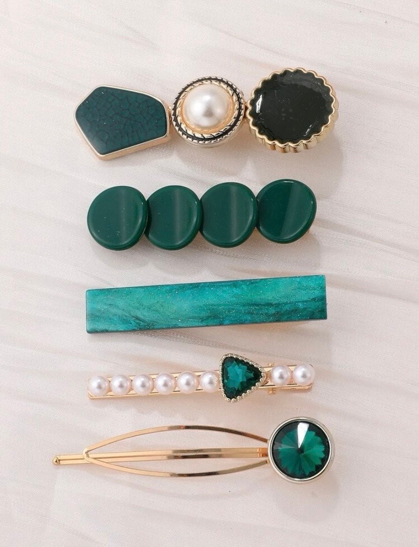 Set of Five Pearl Green Hair Clips