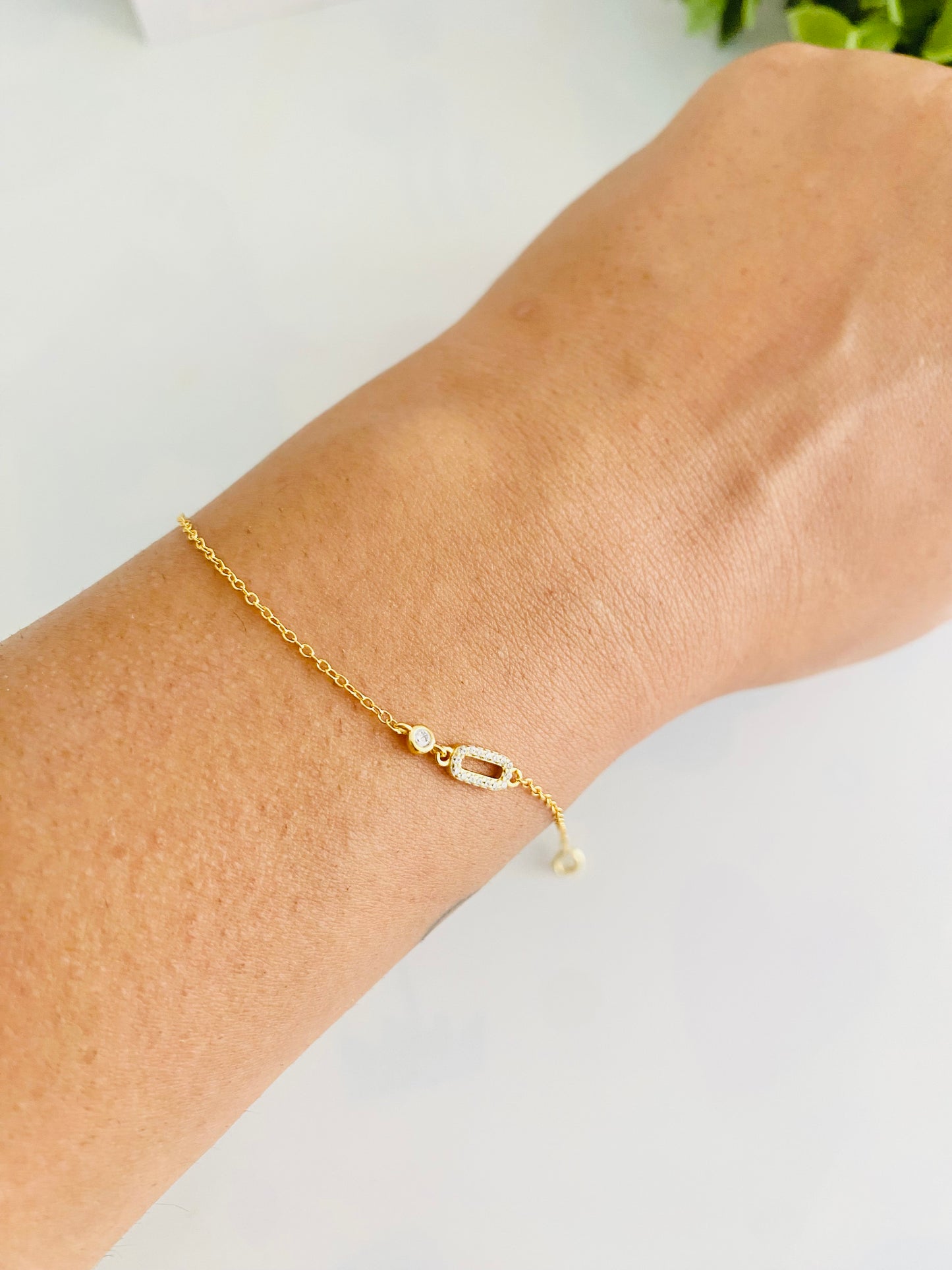 Oblong with Drop Diamond 925 Silver Bracelet in Gold and Silver