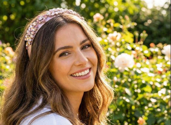 Woman with a decorative headband smiling in a garden setting