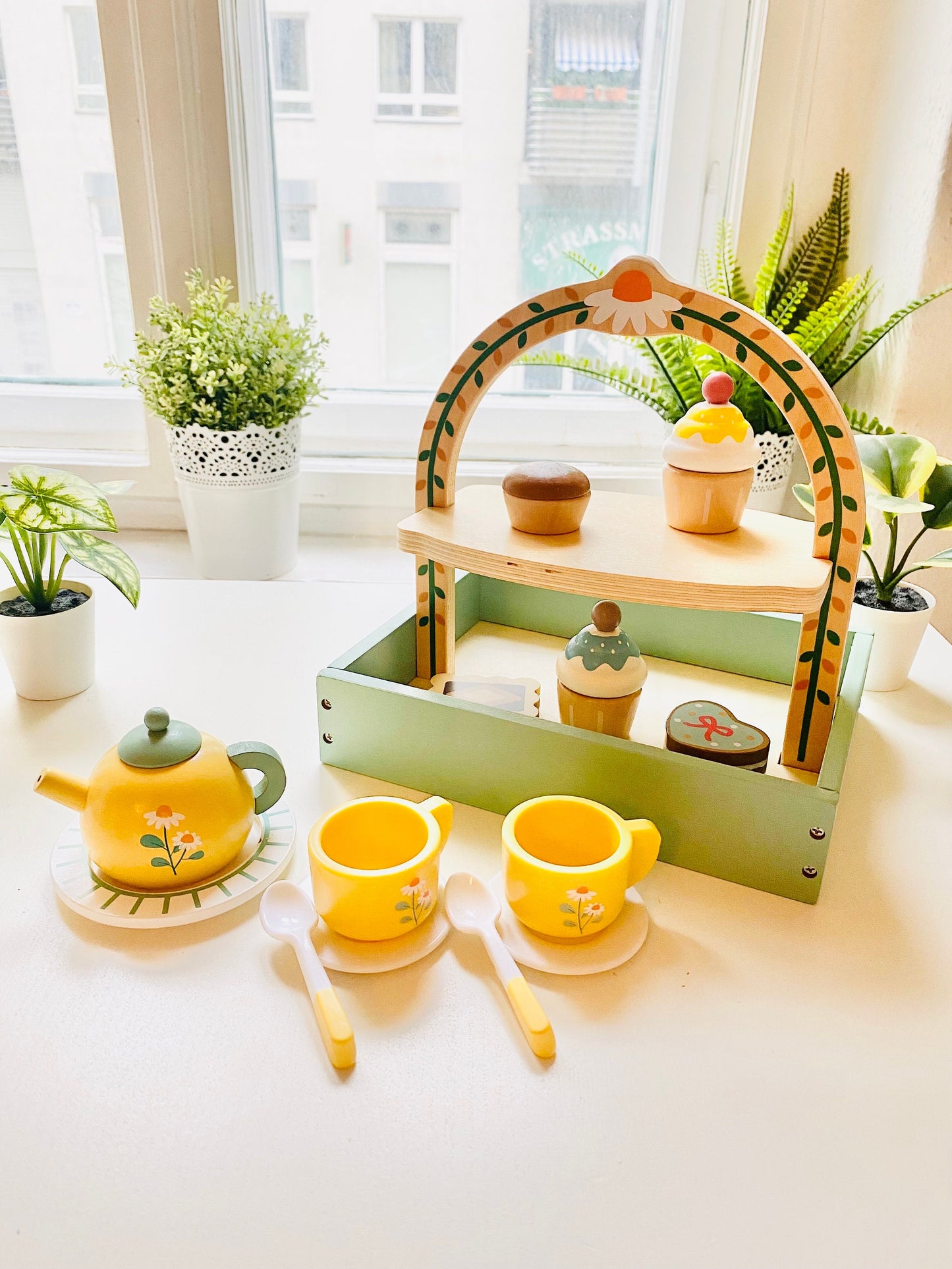 Kids Wooden Tea and Dessert Set: Pretend Play Kitchen, 14 Pcs