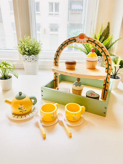 Kids Wooden Tea and Dessert Set: Pretend Play Kitchen, 14 Pcs