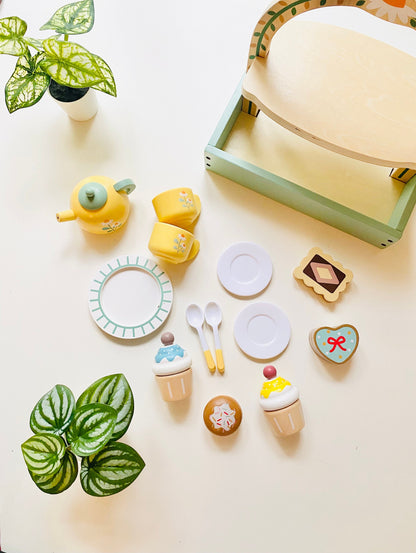 Kids Wooden Tea and Dessert Set: Pretend Play Kitchen, 14 Pcs