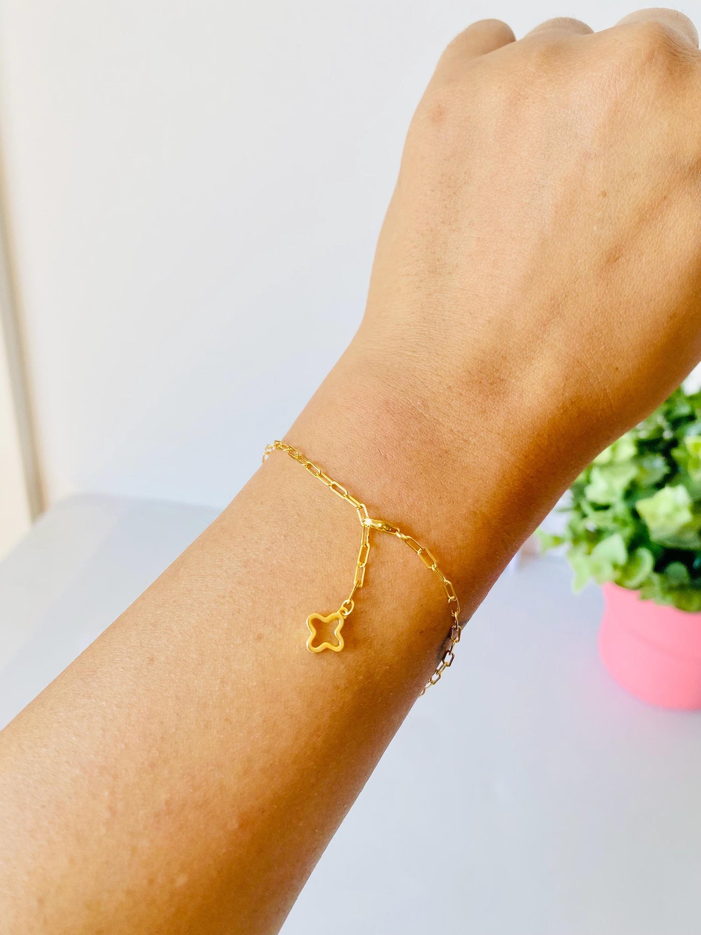 Clover Leaf Sterling Silver Bracelet, 18K Gold Plated Chain