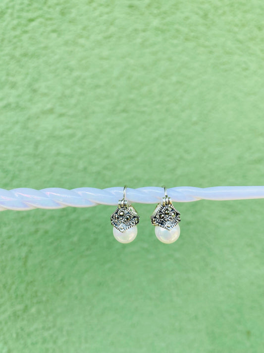 Pearl earrings with silver tops on a light blue string against a green background