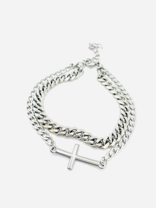 Steel Cross Chain Bracelet: Multi Layer, Stainless Steel, Unisex