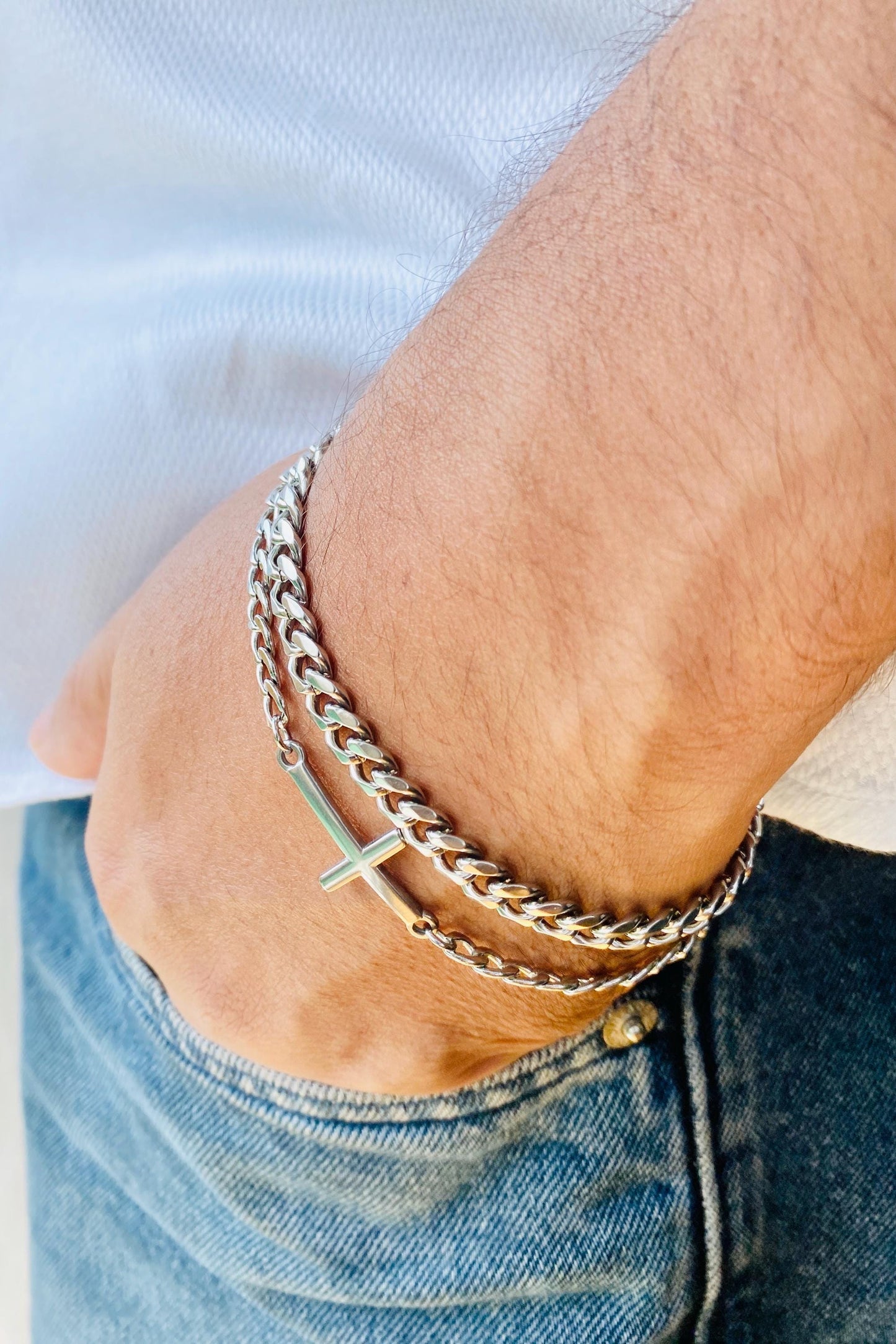 Steel Cross Chain Bracelet: Multi Layer, Stainless Steel, Unisex