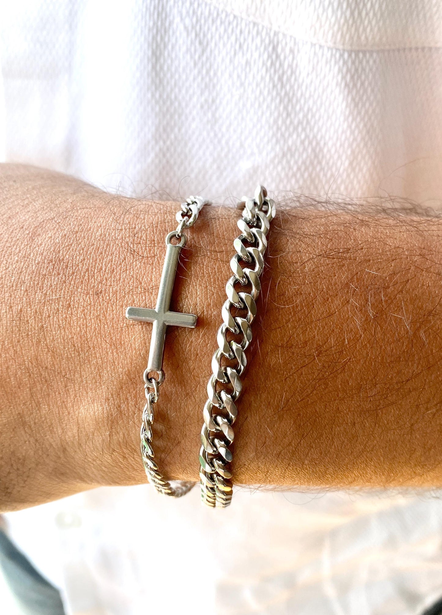 Steel Cross Chain Bracelet: Multi Layer, Stainless Steel, Unisex
