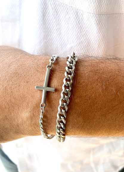 Steel Cross Chain Bracelet: Multi Layer, Stainless Steel, Unisex