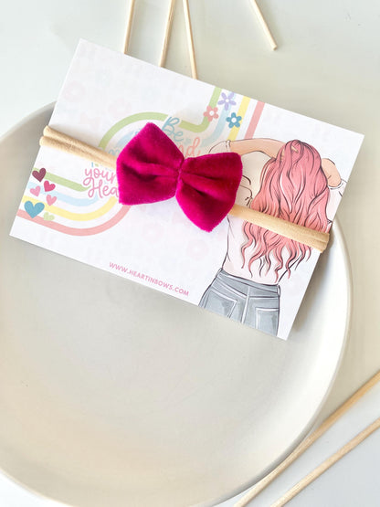 Lila Velvet Baby Bow: Hand-Stitched Newborn Hairband