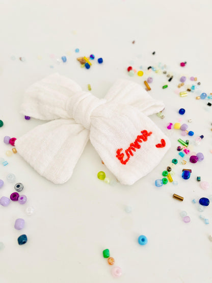 Personalized Baby Bow: Hand-Embroidered Cotton Hairband