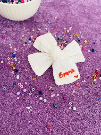 Personalized Baby Bow: Hand-Embroidered Cotton Hairband