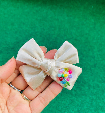 Beaded Satin Hair Bow: Newborn, Baby, or Toddler - Hand-stitched