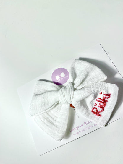 Personalized Big Bow: Hand-Embroidered Cotton Hairband