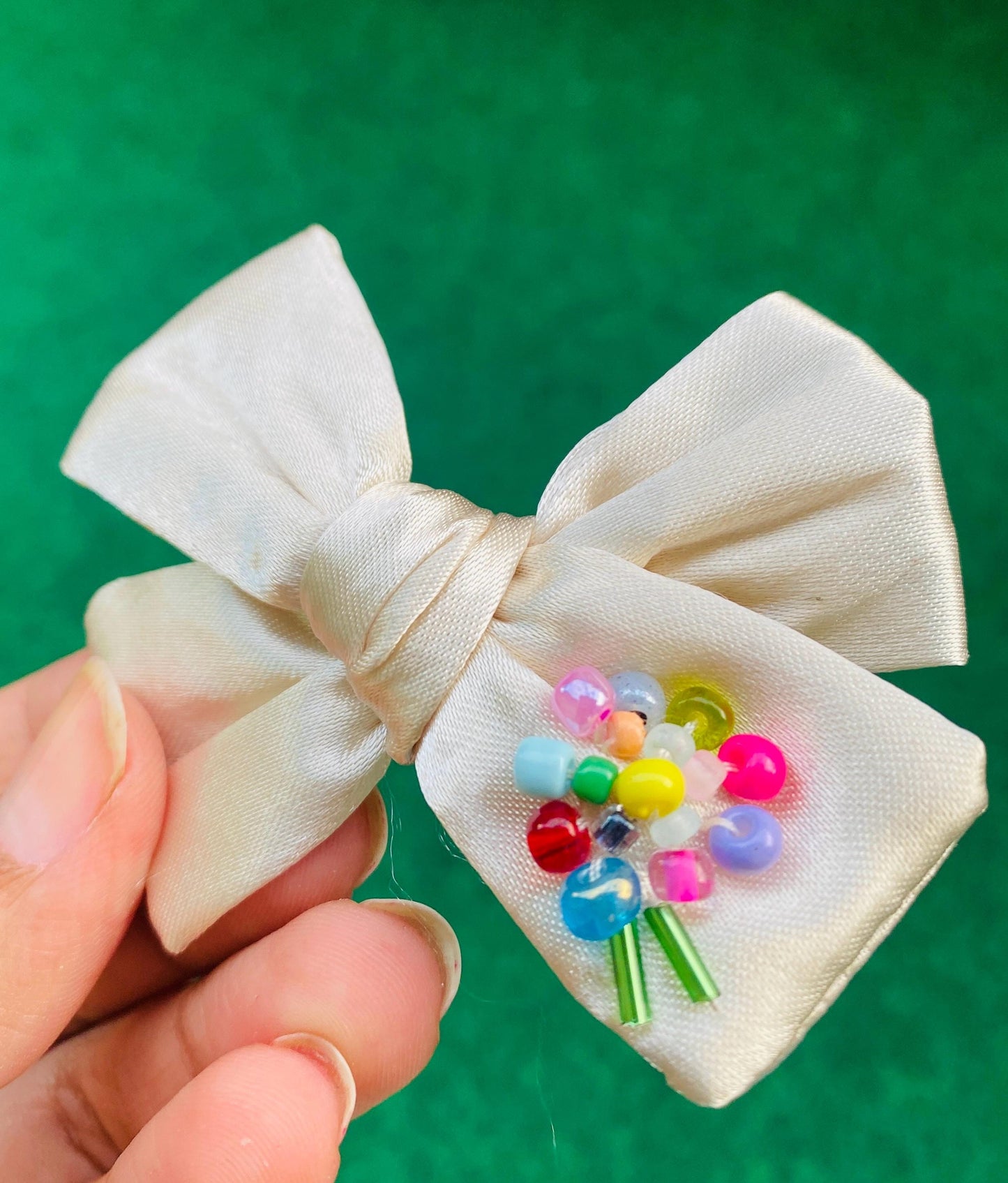 Beaded Satin Hair Bow: Newborn, Baby, or Toddler - Hand-stitched