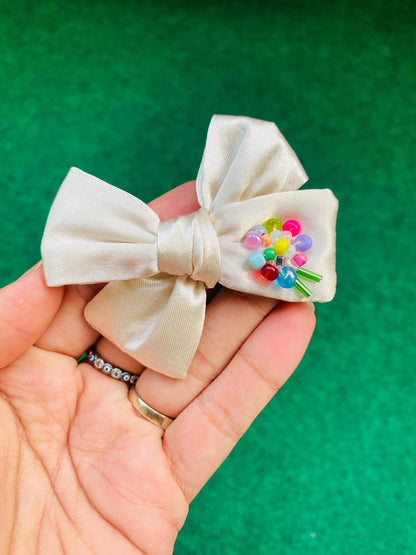 Beaded Satin Hair Bow: Newborn, Baby, or Toddler - Hand-stitched