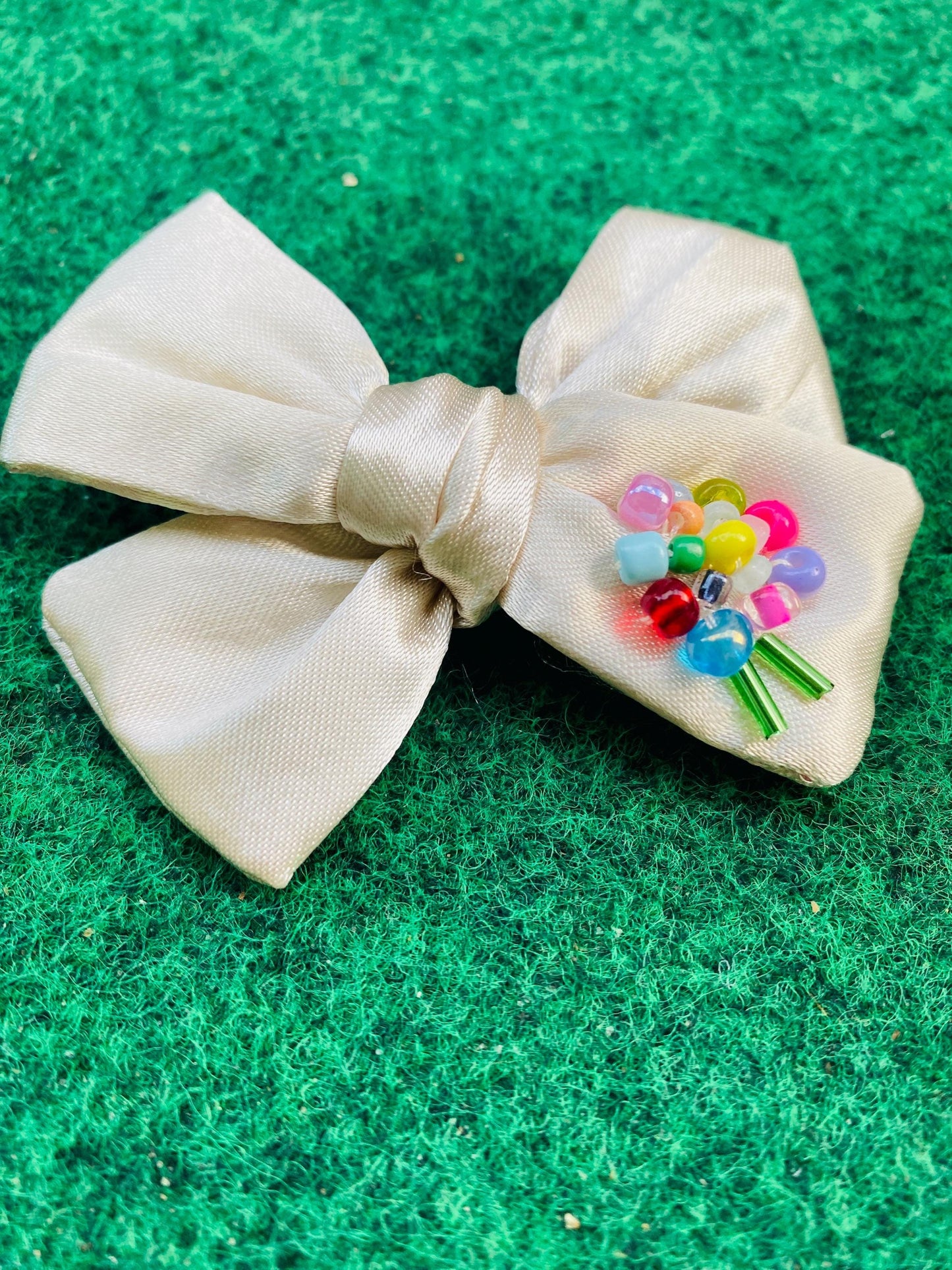 Beaded Satin Hair Bow: Newborn, Baby, or Toddler - Hand-stitched