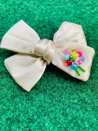 Beaded Satin Hair Bow: Newborn, Baby, or Toddler - Hand-stitched