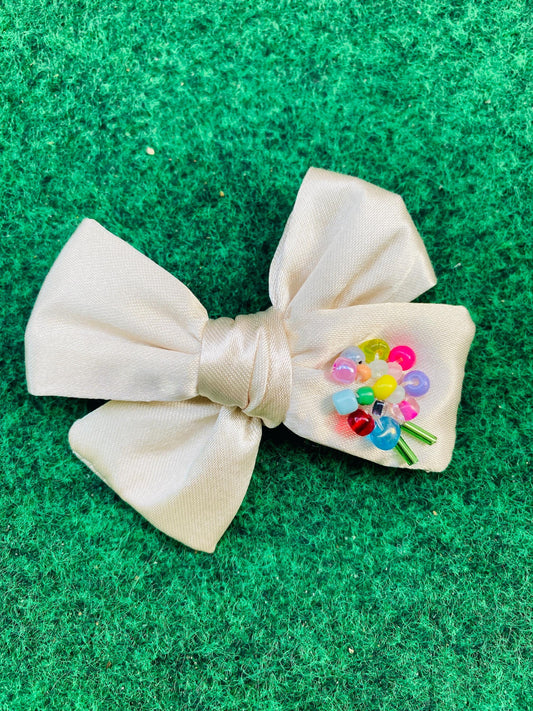 Beaded Satin Hair Bow: Newborn, Baby, or Toddler - Hand-stitched
