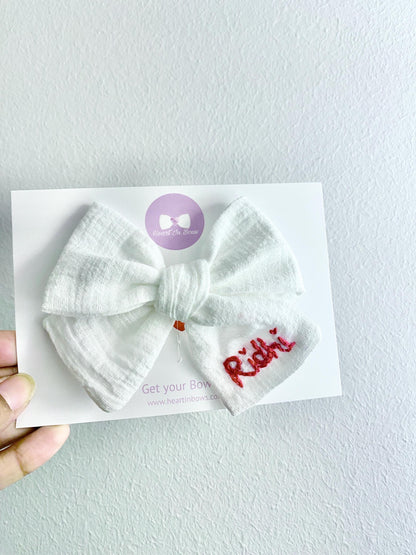 Personalized Big Bow: Hand-Embroidered Cotton Hairband