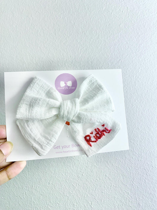 Personalized Big Bow: Hand-Embroidered Cotton Hairband